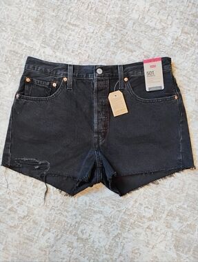 NWT 32 14 Levi's 501 Cutoff Raw Edge Hem Button Fly Black Denim Jean Shorts NEW